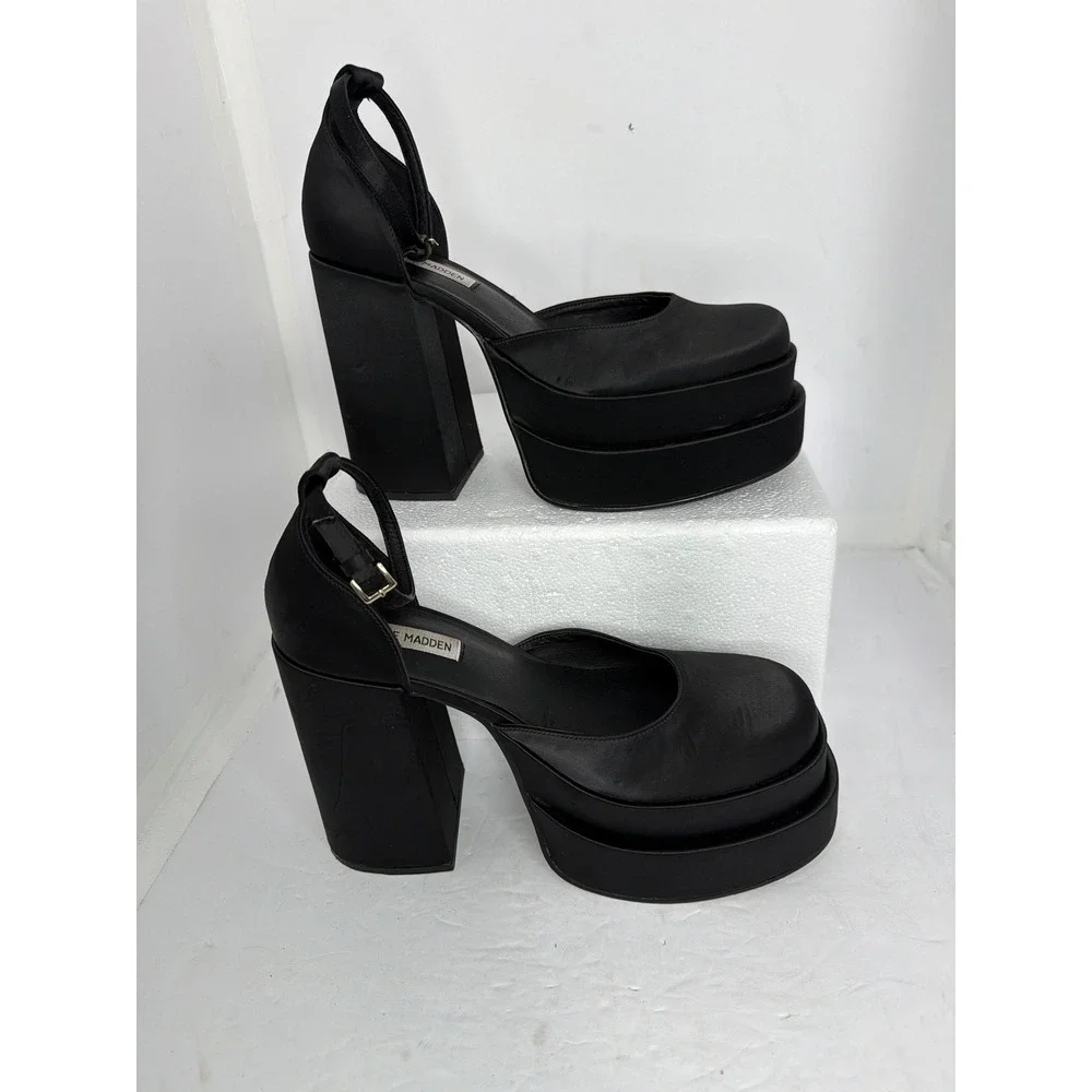 Steve Madden Charlize Black Satin Double Platform Heel size Ankle Strap Pumps 8